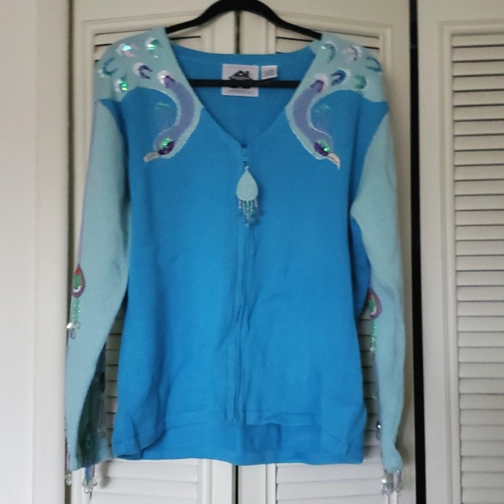 Like new! Vintage Storybook Knits Peacock pair zip sweater